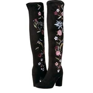 MIA Knee High Boots Black Floral Embroidery Suede Slouchy Fairy Whimsigoth Sz 8